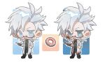  1boy :3 black_footwear black_pants black_shirt blood blood_on_clothes blood_on_face blood_on_weapon blue_eyes boxcutter chibi chibi_only doughnut food glasses hand_on_own_hip hanzi_(hanzi33509) highres holding holding_boxcutter kanou_aogu lab_coat long_sleeves male_focus open_clothes open_mouth pants saibou_shinkyoku semi-rimless_eyewear shirt short_hair torn_clothes v-shaped_eyebrows variations weapon white_hair 