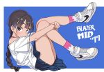  1girl bare_shoulders blush braid brown_eyes brown_hair bypos highres looking_at_viewer original ponytail shirt shoes skirt sneakers socks solo thighs tube_socks 