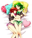  bare_legs bed bow breasts camisole closed_eyes frown green_eyes green_hair hand_on_head heart hino_akane_(smile_precure!) midorikawa_nao midriff multiple_girls navel one_eye_closed panties pillow precure red_hair ribbon short_hair small_breasts smile_precure! underboob underwear yuzucky 