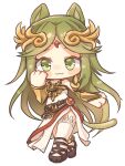  1girl :3 absurdres animal_ears belt brown_belt chibi chibi_only closed_mouth dress full_body green_eyes green_hair highres kemonomimi_mode kid_icarus long_hair looking_at_viewer no_nose palutena simple_background solo thighhighs white_background white_dress white_thighhighs yuukichi_(yu_kiti27) 