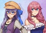 2girls bare_shoulders blue_bow blue_choker blue_eyes blue_one-piece_swimsuit bow braid breasts brown_hat choker cleavage commentary cosplay costume_switch eiyuu_densetsu emma_millstein fate/grand_order fate_(series) glasses grey_shirt grin hair_bow hat hiomaika long_hair looking_at_viewer meltryllis_(swimsuit_lancer)_(second_ascension)_(fate) multiple_girls off-shoulder_one-piece_swimsuit off_shoulder one-piece_swimsuit pink_hair purple_hair purple_vest sen_no_kiseki sen_no_kiseki_iii shirt smile swimsuit upper_body very_long_hair vest voice_actor_connection 