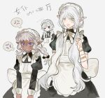  3boys androgynous angry apron bags_under_eyes black_dress bow braid crossdressing dark-skinned_male dark_skin dress dungeon_meshi elf frills grey_hair highres lazy_eye long_hair long_sleeves low_twintails lycion maid maid_apron maid_headdress male_focus mithrun multiple_boys notched_ear pointy_ears puffy_sleeves purple_eyes short_hair sidelocks smile thistle_(dungeon_meshi) twintails uneven_eyes white_apron white_hair wo_yao_chifan wrist_cuffs 