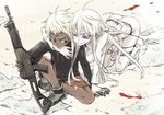  1girl blood blue_eyes dark_skin gun hug hug_from_behind johnathan_mar jormungand kneehighs koko_hekmatyar long_hair long_sleeves mejiro06 pale_skin red_eyes rifle weapon white_hair 