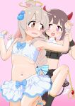  2girls :d absurdres angel angel_and_devil angel_wings armpits bandeau bare_arms bare_shoulders blue_bow blunt_bangs blunt_ends blush bow bow_skirt braid brown_eyes brown_hair commentary demon_costume flower grabbing grabbing_another&#039;s_wing grabbing_from_behind grey_hair hair_bow hair_flower hair_ornament halo happyundergate highres holding_another&#039;s_wrist horns hozuki_momiji long_hair looking_at_another looking_back multicolored_hair multiple_girls navel official_alternate_costume official_alternate_hairstyle onii-chan_wa_oshimai! open_mouth oyama_mahiro pink_background pink_eyes pink_hair red_horns short_hair simple_background single_braid skirt smile stomach striped_bow tail toeless_footwear two-tone_hair very_long_hair wand wavy_mouth white_bandeau white_skirt wings wrist_cuffs yuri 