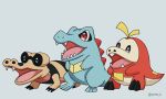  absurdres animal_focus blue_skin colored_skin commentary_request crocodilian fuecoco grey_background highres looking_ahead no_humans pokemon pokemon_(creature) red_eyes red_skin sandile sharp_teeth simple_background species_connection standing tail teeth totodile ynmr_ll 