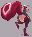 anthro big_tail blush bodily_fluids clothing dialogue diaper diaper_under_skirt female fluffy fluffy_tail fur genital_fluids hair hi_res legwear looking_at_viewer looking_back looking_back_at_viewer mammal mephitid pommy_(vanillayote) ponytail red_body red_fur skunk skunk_tail solo stockings tail tail_under_skirt talking_to_viewer urine vanillayote wet_diaper wetting wetting_diaper white_hair