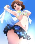  1girl :d armpits arms_up bikini bikini_skirt black_skirt blue_sky breasts brown_eyes brown_hair floral_print from_below hibike!_euphonium highres holding_shawl looking_at_viewer miniskirt nii_manabu oumae_kumiko print_bikini shawl short_ponytail skirt sky small_breasts smile solo stomach swimsuit thighs 