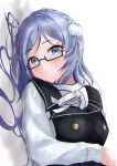  1girl 22/7 absurdres blue_eyes blush hair_bobbles hair_ornament highres long_hair long_sleeves lying maruyama_akane on_back purple_hair ribbon semi-rimless_eyewear uniform white_background white_ribbon yay_illust 