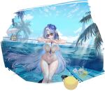  1girl against_glass alsace_(azur_lane) alsace_(heat_beating_summer_sacrament)_(azur_lane) azur_lane bare_shoulders between_breasts bikini bird black_ribbon blue_hair blue_necktie blue_sky blurry blurry_background blush bracelet breast_press breasts breasts_on_glass chick day detached_collar dot_nose eiffel_tower feifeifeihai flower food hair_flower hair_ornament hair_ribbon hands_up highres holding holding_food holding_popsicle holding_sign jewelry light_blue_hair long_hair manjuu_(azur_lane) nail_polish navel necktie necktie_between_breasts non-web_source nose_blush official_alternate_costume official_art outdoors palm_tree parted_bangs partially_submerged popsicle raised_eyebrows ribbon sign skindentation sky sunglasses swimsuit thigh_gap thighs tree underwater very_long_hair wavy_mouth white_bikini 
