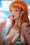  1girl absurdres arm_tattoo artist_logo aurakera bikini blue_sky blush breasts brown_eyes candy cleavage cloud collarbone earrings food highres holding holding_candy holding_food holding_lollipop jewelry large_breasts lollipop long_hair looking_at_viewer nami_(one_piece) one_piece open_mouth orange_hair patreon_username pearl_earrings pixel_art saliva saliva_trail skindentation sky solo strap_gap striped_bikini striped_clothes swimsuit tattoo tongue tongue_out upper_body web_address 