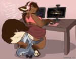 2024 anthro artist_name berrywoof biped bottomwear bow_(bowhuskers) brown_body brown_fur canid canine canis clothed clothing computer_mouse dialogue duo electronics english_text eyewear facesitting female fluffy fluffy_tail fox fur furniture glasses grey_body grey_fur headphones hi_res larger_female male mammal monitor mousepad simple_background sitting_on_another size_difference skirt smaller_male table tail text vix_(izzyhime) wolf