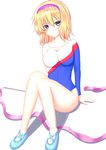  alice_margatroid bad_id bad_pixiv_id blonde_hair blue_eyes blue_footwear blue_leotard breasts dd139 gymnast_leotard gymnastics highres leotard medium_breasts pink_ribbon rhythmic_gymnastics ribbon ribbon_baton shoes short_hair sitting solo touhou white_leotard 