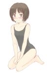  1girl amagami bare_shoulders barefoot between_legs black_one-piece_swimsuit blush bob_cut breasts brown_eyes brown_hair closed_mouth collarbone commentary from_side full_body hand_between_legs hands_on_lap kneeling light_frown looking_at_viewer looking_to_the_side loose_hair_strand new_school_swimsuit nose_blush one-piece_swimsuit school_swimsuit short_hair simple_background sketch small_breasts solo swimsuit tachibana_miya takahashi_mugi toes v_arms wavy_mouth white_background 