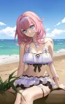  1girl absurdres bare_shoulders beach bead_bracelet beads blue_eyes blue_sky blunt_bangs bracelet breasts cleavage cloud commentary_request elysia_(honkai_impact) elysia_(summer_miss_elf)_(honkai_impact) hairband head_tilt highres honkai_(series) honkai_impact_3rd jewelry lace-trimmed_skirt lace_trim large_breasts layered_skirt looking_at_viewer medium_hair midriff necklace ocean official_alternate_costume pink_hair pointy_ears sand sidelocks sitting skirt sky smile solo swimsuit thigh_strap tutou_jiang waves white_hairband white_skirt 