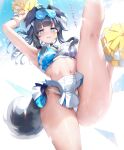  1girl animal_ears bare_shoulders black_hair blue_archive blue_eyes blush bracelet breasts cleavage dog_ears dog_tail eyewear_on_head goggles halo halterneck hibiki_(blue_archive) hibiki_(cheer_squad)_(blue_archive) highres holding holding_pom_poms jewelry large_breasts long_hair looking_at_viewer millennium_cheerleader_outfit_(blue_archive) miniskirt navel open_mouth pleated_skirt pom_pom_(cheerleading) ponytail sayika sidelocks skirt solo sports_bra star_sticker sticker_on_face tail thighs translation_request white_skirt 