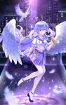  1girl absurdres alternate_costume angel_wings closed_mouth collared_shirt full_body hair_between_eyes head_wings highres holding holding_ice_cream_cone honkai:_star_rail honkai_(series) ice_cream_cone long_hair looking_at_viewer mary_janes midriff purple_hair purple_sailor_collar purple_skirt robin_(honkai:_star_rail) sailor_collar school_uniform shirt shoes short_sleeves skirt smile solo thighhighs white_shirt white_thighhighs wings zettai_ryouiki zhui_ming_ying_xue 