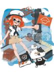  1girl black_bow black_bowtie black_neckerchief blue_eyes bow bowtie brown_shorts chanko_eee flag hat holding holding_flag inkling inkling_(language) inkling_girl inkling_player_character judd_(splatoon) li&#039;l_judd_(splatoon) neckerchief open_mouth pointy_ears red_hair sailor_hat shirt shoes short_sleeves shorts sneakers splatoon_(series) splatoon_2 tentacle_hair white_shirt 