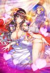  2girls age_of_ishtaria ass bare_shoulders black_hair blue_eyes bracelet breasts cleavage copyright_notice covered_navel curtains dress flower frau_holle_(age_of_ishtaria) grey_hair hair_flower hair_ornament hairband heart herr_korbes_(age_of_ishtaria) heterochromia highres indoors jewelry large_breasts looking_back lying multicolored_hair multiple_girls munlu_(wolupus) necklace on_side orange_eyes purple_hair sunset thighhighs two-tone_hair white_dress white_hairband window yellow_eyes 