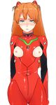  bangs bigoru blue_eyes blush bodysuit breastless_clothes breasts breasts_outside cowboy_shot embarrassed hair_ornament half-closed_eyes lips long_hair looking_at_viewer neon_genesis_evangelion nipples nose_blush number orange_hair plugsuit simple_background small_breasts solo souryuu_asuka_langley standing turtleneck white_background 