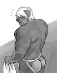 absurd_res amarox anthro blonde_hair butt canid canine canis chester_(amarox) clothing digital_drawing_(artwork) digital_media_(artwork) domestic_dog hair hi_res holding_object holding_towel jockstrap looking_at_viewer male mammal mastiff molosser monochrome muscular muscular_male rottweiler solo standing towel underwear