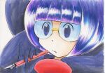  1girl blunt_bangs bob_cut bow elbow_gloves glasses gloves holding holding_pen iwane_masaaki large_bow pen pokemon pokemon_bw purple_hair rimless_eyewear round_eyewear shauntal_(pokemon) short_hair solo upper_body 