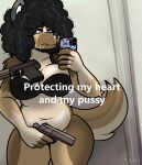afro angry angry_eyebrows anthro arm_tuft belly big_breasts black_bra black_clothing black_underwear blue_eyes bottomless bra bra_only breasts canid canine canis caption cleavage clothed clothing covering covering_crotch covering_self curvy_anthro curvy_female curvy_figure darkwolfhybrid dipstick_ears domestic_dog ear_markings elbow_tuft electronics eyebrows facial_piercing female fur german_shepherd gold_(metal) gold_tooth gun hair handgun herding_dog hi_res holding_gun holding_handgun holding_object holding_pistol holding_ranged_weapon holding_weapon husky hybrid mammal messy_hair multicolored_body multicolored_ears multicolored_fur multicolored_tail multiple_weapons navel nikole_(darkwolf) nintendo nordic_sled_dog nose_piercing nose_ring pastoral_dog phone piercing pistol pokeball pokeball_pattern pokemon poofy_hair pubes ranged_weapon ring_piercing self_censorship shoulder_tuft slightly_chubby slightly_chubby_anthro slightly_chubby_female solo spitz tail taking_picture text thick_eyebrows thick_thighs tuft underwear underwear_only weapon