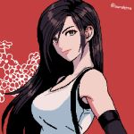  1girl absurdres artist_name aurakera black_hair breasts brown_eyes cleavage closed_mouth elbow_gloves final_fantasy final_fantasy_vii final_fantasy_vii_remake from_side gloves highres large_breasts lips long_hair looking_at_viewer looking_to_the_side pixel_art portrait red_background simple_background solo suspenders swept_bangs tank_top tifa_lockhart upper_body white_tank_top 