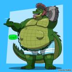 absurd_res alligator alligatorid anthro belly big_belly carlostxwild clothed clothing croc crocodile crocodilian crocodylid digital_media_(artwork) english_text gator_(streamer) green_body hair hi_res invader_(invaderthegator) lizard male male/male muscular open_mouth oral_vore organs overweight overweight_male reptile scalie simple_background size_difference solo stomach tail teeth text vore
