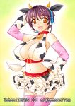  :d animal_ears animal_print bell bell_collar black_hair blush breasts brown_eyes buckle cleavage collar covered_nipples cow_ears cow_horns cow_print elbow_gloves gloves headset horns idolmaster idolmaster_cinderella_girls large_breasts navel nightmare77zx oikawa_shizuku open_mouth short_hair skirt smile solo tail thighhighs 