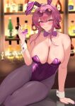 1girl absurdres alcohol alternate_costume animal_ears bar_(place) bare_shoulders black_hairband blurry blurry_background blush bottle bow bowtie breasts buttons cleavage collarbone covered_navel cup detached_collar drink drinking_glass eyewear_on_head fake_animal_ears fingernails food fruit hair_between_eyes hairband hand_up highres holding holding_cup honkai:_star_rail honkai_(series) indoors kafka_(honkai:_star_rail) large_breasts lemon lemon_slice leotard long_fingernails looking_at_viewer nail_polish pantyhose playboy_bunny purple_bow purple_bowtie purple_eyes purple_hair purple_leotard purple_nails purple_pantyhose rabbit_ears reflection round_eyewear short_hair sidelocks sitting smile solo sparkle strapless strapless_leotard sunglasses table teeth tyohensyoku wing_collar wrist_cuffs 