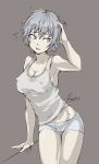  1girl blue_hair blush boyshort_panties breasts cameltoe covered_nipples flying_sweatdrops grey_background highres large_breasts looking_to_the_side no_bra open_mouth original polyurethane_(artist) short_hair shy simple_background solo tank_top thigh_gap tomboy white_tank_top 