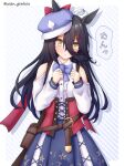 1girl :&lt; alternate_costume animal_ears belt_bag black_hair clenched_hands clothing_cutout commentary_request cosplay ei_ei_mun! hat highres horse_ears horse_tail manhattan_cafe_(umamusume) matikane_tannhauser_(umamusume) matikane_tannhauser_(umamusume)_(cosplay) shoulder_cutout simple_background solo tail translated twitter_username umamusume yellow_eyes yuusen_(aenka) 