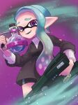  1girl bike_shorts blue_hair colored_tips commentary_request highres inkling inkling_girl inkling_player_character jet_squelcher_(splatoon) long_hair looking_at_viewer multicolored_hair nastar_r0 open_mouth pointy_ears purple_eyes purple_hair smile solo splatoon_(series) splatoon_3 standing sticker teeth tentacle_hair toxic_mist_(splatoon) two-tone_hair 