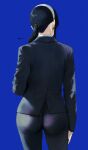  1girl absurdres ass black_jacket black_pants blue_background cowboy_shot earrings facing_away from_behind gold_earrings hairband highres jacket jewelry mymzi pants ponytail simple_background solo spy_x_family suit white_hairband yor_briar 