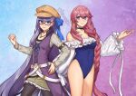  2girls bare_shoulders black_pantyhose blue_bow blue_choker blue_eyes blue_one-piece_swimsuit bow braid breasts brown_hat choker cleavage commentary cosplay costume_switch dress eiyuu_densetsu emma_millstein fate/grand_order fate_(series) glasses grey_shirt grin hair_bow hand_on_own_hip hat hiomaika long_hair looking_at_viewer meltryllis_(fate) meltryllis_(swimsuit_lancer)_(second_ascension)_(fate) multiple_girls off-shoulder_one-piece_swimsuit off_shoulder one-piece_swimsuit pantyhose pink_hair purple_dress purple_hair sen_no_kiseki sen_no_kiseki_iii shirt smile swimsuit very_long_hair voice_actor_connection 