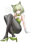  ... 1girl absurdres animal_ears arknights bare_shoulders black_pantyhose bow bowtie breasts cat_ears cat_girl cleavage closed_mouth commentary_request crossed_legs detached_collar full_body gloves green_bow green_bowtie green_eyes green_footwear green_hair green_leotard high_heels highres horn/wood kal&#039;tsit_(arknights) knees_up leotard looking_at_viewer medium_breasts pantyhose playboy_bunny rabbit_tail short_hair simple_background sitting solo spoken_ellipsis strapless strapless_leotard tail thighs white_background white_gloves white_wrist_cuffs wrist_cuffs 