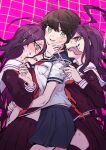  3girls ahoge blush chikiso danganronpa_(series) danganronpa_another_episode:_ultra_despair_girls dual_persona fang fukawa_toko genocider_shou girl_sandwich hand_on_another&#039;s_face highres hug long_tongue mole mole_under_mouth multiple_girls naegi_komaru round_eyewear sandwiched school_uniform scissors sweatdrop thighs tongue tongue_out yuri 