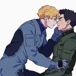  2boys ao_isami black_hair blonde_hair blue_eyes blue_gloves blue_jumpsuit closed_eyes couple facial_hair gloves green_jumpsuit hand_on_another&#039;s_arm hand_on_another&#039;s_cheek hand_on_another&#039;s_face imminent_kiss jumpsuit lewis_smith male_focus multiple_boys nikutabetai502 noses_touching parted_lips short_hair sideburns_stubble simple_background stubble white_background yaoi yuuki_bakuhatsu_bang_bravern 