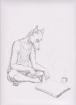  canine claws clothing coffee crossed_legs cup dog eyes_closed male mammal monochrome mug pencil semiotica shirt shorts sitting sketchpad solo tank_top 