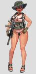  1girl absurdres assault_rifle bikini black_bikini black_hair boonie_hat breasts brown_gloves camouflage daewoo_k1 flashlight full_body gloves gun gun_sling hair_between_eyes highres hitch_(perotoss) korean_text large_breasts laser_sight load_bearing_vest magazine_(weapon) open_mouth optical_sight original paid_reward_available rifle sergeant_joo sharp_teeth short_hair slit_pupils smile solo suppressor swimsuit tan tanlines teeth toenails toes tomboy vertical_foregrip weapon wet yellow_eyes 