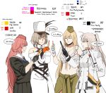  4girls arm_behind_back bad_id bad_pixiv_id bare_shoulders black_shirt black_skirt blonde_hair bright_pupils brown_hair bullet character_request coat cropped_jacket dress girls&#039;_frontline hair_ornament hairpin hand_on_own_hip hat hat_feather holding holding_bullet huqu jewelry long_hair medium_hair military_uniform multiple_girls necklace ntw-20_(girls&#039;_frontline) open_mouth parted_lips red_eyes red_hair shirt skirt smile uniform very_long_hair white_coat white_dress white_pupils 