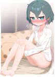  1girl @_@ absurdres black_hair blanket blue_eyes blush bottomless breasts chis_(js60216) dress_shirt highres hugging_own_legs kaban_(kemono_friends) kemono_friends looking_at_viewer pillow shirt short_hair small_breasts solo white_shirt 