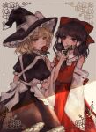  2girls absurdres apron ascot back_bow blonde_hair blush border bow braid brown_hair closed_mouth commentary_request detached_sleeves embodiment_of_scarlet_devil flower hair_bow hair_tubes hakurei_reimu hanaya_(fleur) hat hat_bow highres holding holding_flower inset_border kirisame_marisa long_hair multiple_girls ornate_border red_ascot red_bow red_eyes red_flower red_skirt ribbon-trimmed_sleeves ribbon_trim short_sleeves side_braid single_braid skirt skirt_set smile touhou white_bow witch_hat yellow_eyes yellow_flower 