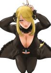 1girl absurdres arms_up black_pants blonde_hair breasts cleavage coat cynthia_(pokemon) fur-trimmed_coat fur_collar fur_trim grey_eyes hair_ornament hair_over_one_eye heart heart-shaped_pupils highres large_breasts licking_lips pants pokemon pokemon_dppt pov sexually_suggestive sidelocks simple_background solo symbol-shaped_pupils tongue tongue_out tying_hair wasabishouyu white_background 