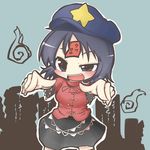  beret blue_eyes blue_hair blush dekasudachin fangs graveyard hat jiangshi miyako_yoshika ofuda open_mouth outstretched_arms shirt short_hair skirt solo touhou zombie_pose 