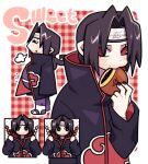  1boy akatsuki_uniform border chibi closed_eyes dango dorayaki eating english_text food gingham_background grey_hair highres konohagakure_symbol male_focus motion_lines multiple_views naruto_(series) outline purple_footwear red_background red_eyes sandals sharingan short_hair sigh stomach_bulge sweets uchiha_itachi wagashi white_border white_outline yasasamu 