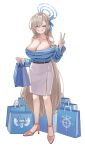  1girl alternate_costume asuna_(blue_archive) bag bare_shoulders blonde_hair blue_archive blue_eyes blue_halo blue_ribbon blue_sweater breasts cleavage commentary full_body grin hair_ribbon halo hand_up high_heels highres large_breasts long_hair long_sleeves looking_at_viewer o-los off-shoulder_sweater off_shoulder pink_footwear ribbon shopping_bag simple_background skirt smile solo standing sweater teeth v very_long_hair white_background white_skirt 