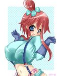  1girl blue_eyes breasts erect_nipples fuuro_(pokemon) gigantic_breasts gym_leader huge_breasts nekoko_(himekasama) poke_ball pokemon red_hair solo 