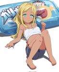  1girl bare_shoulders barefoot blonde_hair blue_eyes breasts camisole commentary_request dark-skinned_female dark_skin food highres idolmaster idolmaster_cinderella_girls layla_(idolmaster) long_hair looking_at_viewer ohgi910 popsicle shorts small_breasts solo 