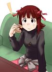  1girl amami_haruka blush brown_eyes brown_hair doughnut eating food hair_ribbon idolmaster idolmaster_(classic) jewelry nail_polish necklace ooike_teru ribbon sitting solo sweatdrop 